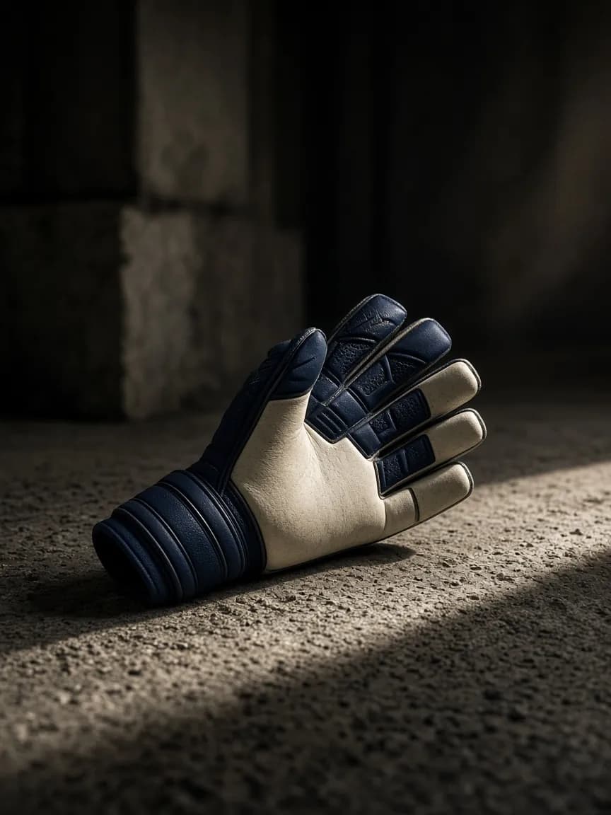 A professional goalkeeper glove with padded backhand and latex palm on concrete