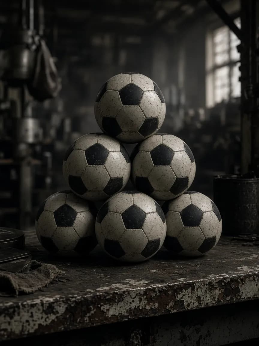 Match footballs stacked on a factory table under industrial light