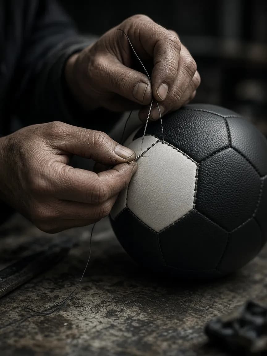 A craftsman's hands hand-stitching a match football on a factory table