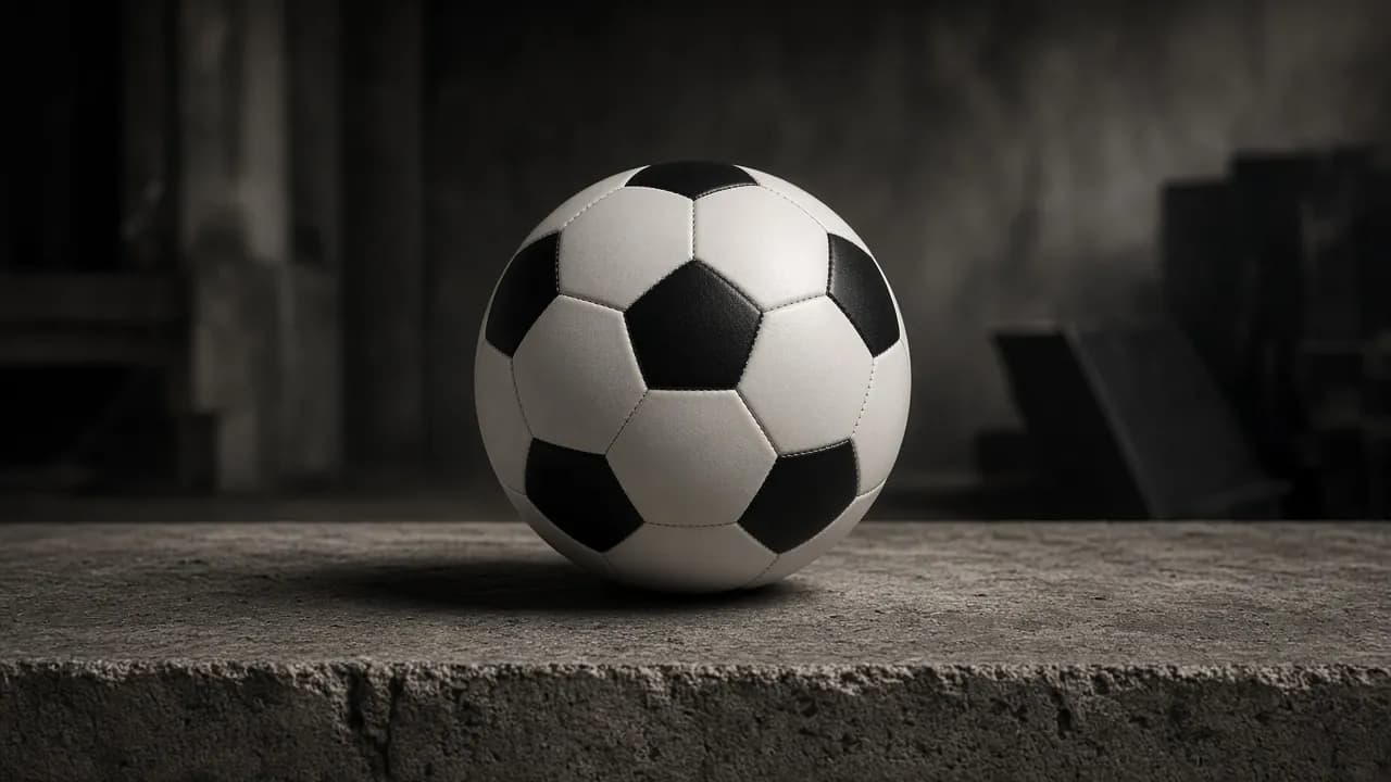 A finished match football on the same concrete table