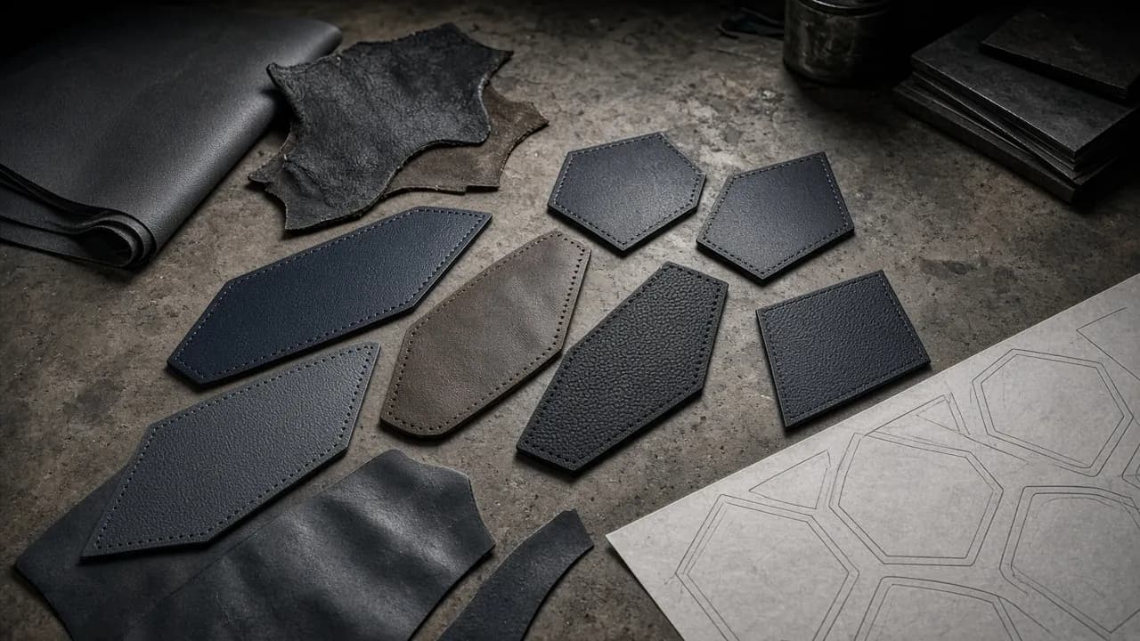 Raw football ball panels and a paper cutting pattern on a concrete table